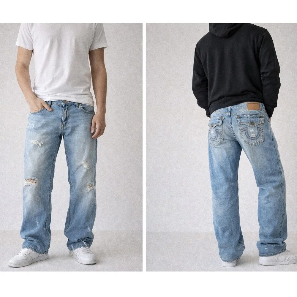 True Religion Ricky‎ Flap Super T Jeans Men 38x33 Relaxed Medium Wash Distressed